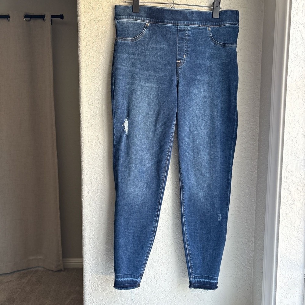 Spanx Womens XL‎ Jean-ish Ankle Leggings Blue Distressed Frayed Hem Skinny Jeans